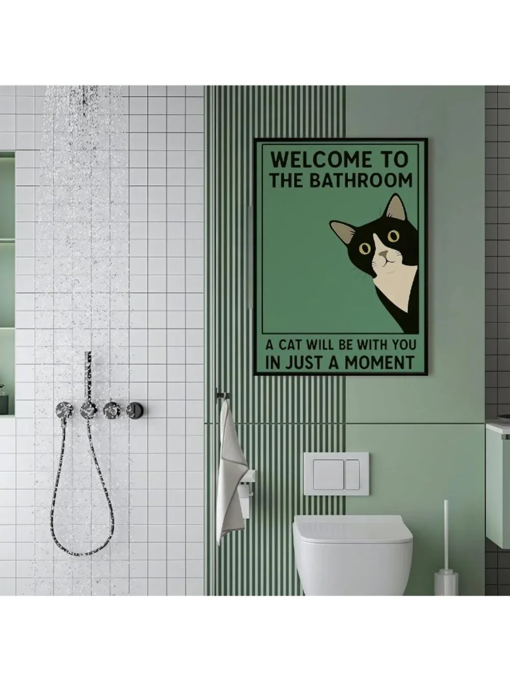 Funny Cat Bathroom Wall Art - Tuxedo Cat Canvas Decor for Toilet & Restroom